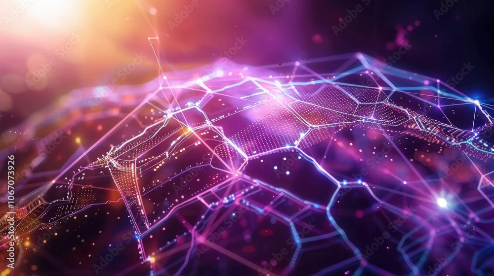Poster futuristic digital landscape with hexagonal patterns and vibrant colors, showcasing network of inter