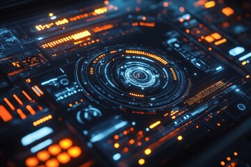 Fototapeta premium Futuristic digital interface with glowing orange and blue lights