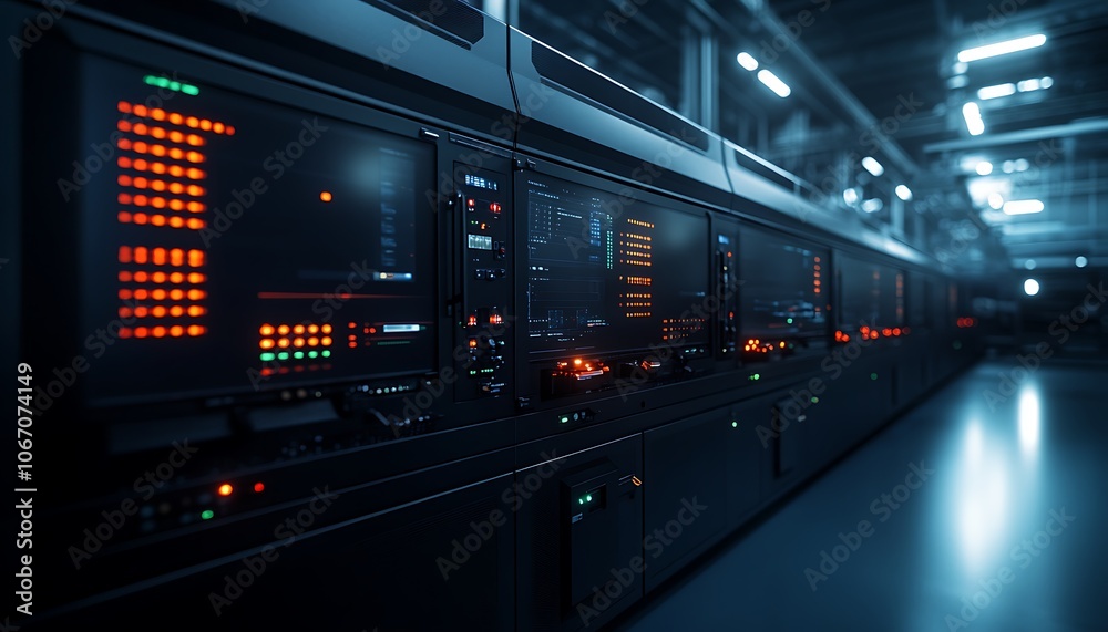 Leinwandbilder a dimly lit server room filled with racks of servers, illuminated by colored lights, reflecting a hi