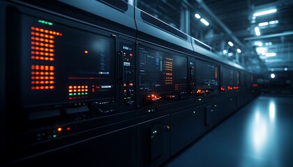 A dimly lit server room filled with racks of servers, illuminated by colored lights, reflecting a high-tech data processing environment.
