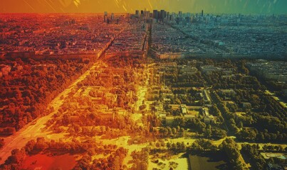 Heatmap of a city during a heatwave, with intense reds and oranges marking the hottest areas and cooler blues in shaded or green spaces