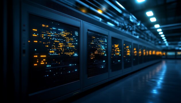A dark, high-tech server room filled with illuminated servers, showcasing a modern digital environment and advanced technology.