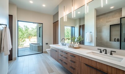 High-quality image of a bathroom with a floating vanity, modern sinks, and large mirrors