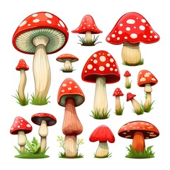 Vibrant red mushrooms collection on white background