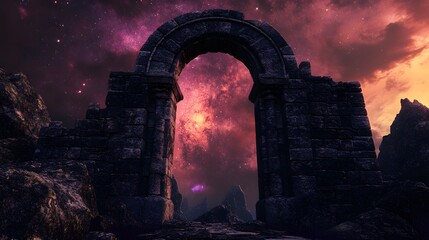 A stone archway under the milky way, fantasy style, medieval ruins, cinematic
