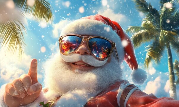 joyful Santa Claus wearing sunglasses enjoys sunny beach vacation, surrounded by palm trees and falling snowflakes, creating whimsical holiday atmosphere