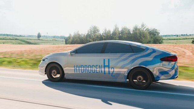 A modern hydrogen-powered car in motion, driving on a scenic road. A perfect image depicting eco-friendly mobility, transportation innovation, and the future of the automotive industry. CGI render