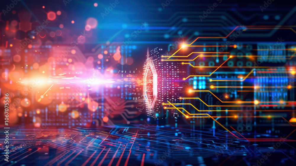 Aufkleber digital technology and data flow are represented through vibrant hexagonal grids and glowing circuit