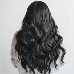 Fototapeta premium Back view of long wavy black hair showcasing natural texture and volume, styled against a white background, paired with a sweater.