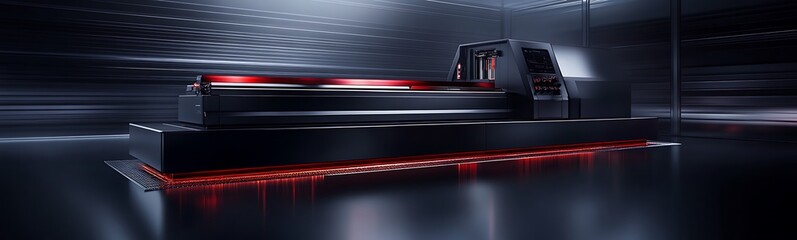 Obraz premium A sleek, futuristic vehicle with a glossy black exterior and glowing red accents, set against a dark, high-tech background.