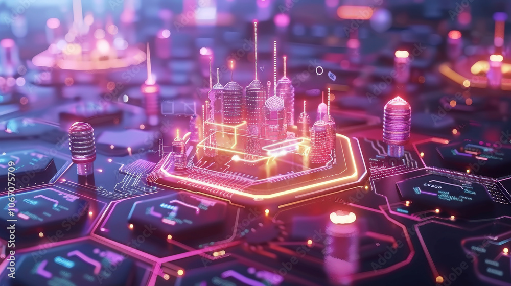 Poster futuristic cityscape visualization with neon lights and hexagonal patterns, showcasing advanced tech
