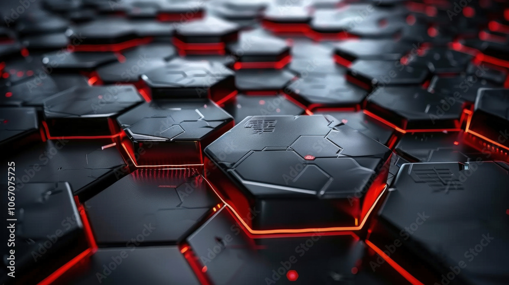 Poster futuristic hexagonal patterns with glowing red edges create striking visual effect, showcasing blend