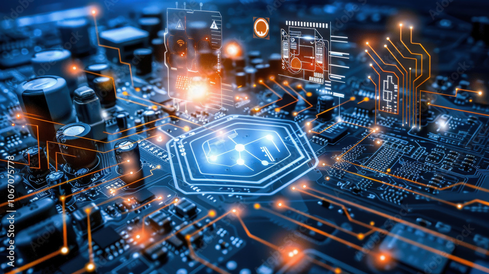 Poster digital circuit board with glowing connections and components, showcasing advanced technology and in