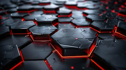 Obraz premium Futuristic hexagonal patterns with glowing red edges create striking visual effect, showcasing blend of technology and design. intricate details evoke sense of innovation and modernity