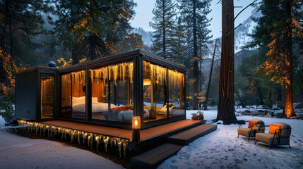 Obraz premium cozy cabin with icicles hanging from roof, surrounded by snow and tall trees, creates serene winter atmosphere. warm glow from interior invites relaxation and comfort