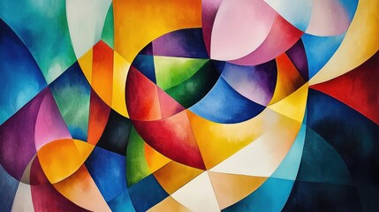 Obraz premium Vibrant geometric artistic painting in a blend of bright colors, creating visual interest with dynamic shapes and patterns. The artwork invites engagement with its color palette and design.