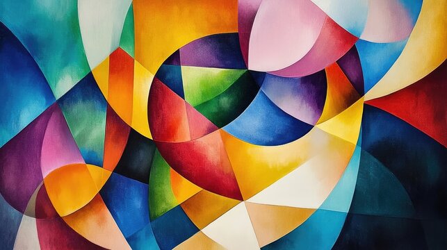 Vibrant geometric artistic painting in a blend of bright colors, creating visual interest with dynamic shapes and patterns. The artwork invites engagement with its color palette and design.