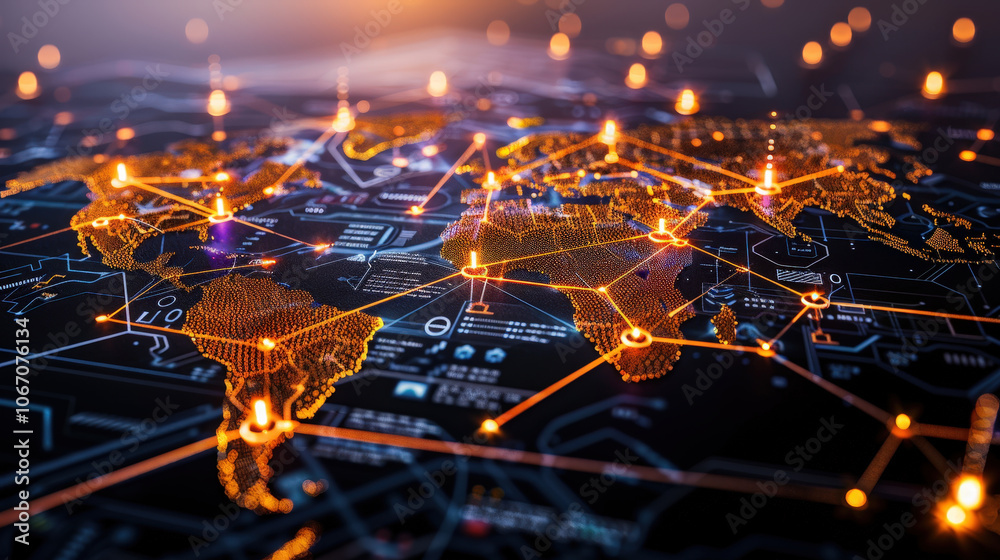 Aufkleber innovative digital technology background featuring glowing world map with interconnected nodes and l