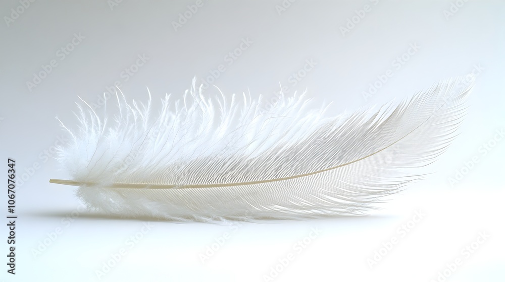 Poster close-up photograph of a soft,fluffy white feather in a minimalist,tranquil studio setting. the feat