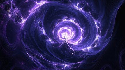 Obraz premium Abstract blue-violet fractal design swirls around a central light source, evoking a mesmerizing flow of energy with its intricate patterns and vibrant hues. Ample space for creative use.