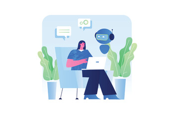 A woman sitting in a chair working on a laptop with a friendly robot beside her. Vector illustration