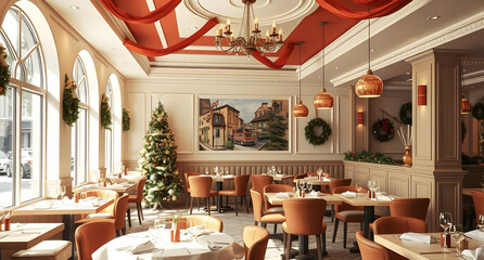 Restaurant interior design with a Christmas palette of rich red, evergreen, warm gold and creamy white.