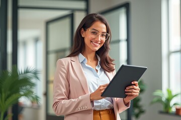 Professional Woman Holding Tablet in Modern Office Setting, Perfect for Business and Technology Websites