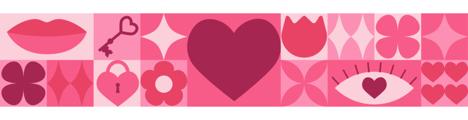 Seamless border with pink geometric shapes and elements. Template for Valentine holiday design. Vector illustration