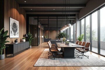 Fototapeta premium Modern Office Conference Room with Wooden Accents and Natural Lighting, Perfect for Business Meetings and Collaborations