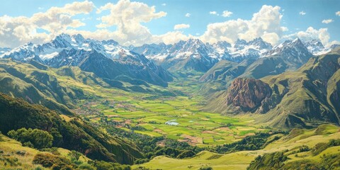Obraz premium Birds eye perspective of the lush, green expanse of the Andes mountain range, showcasing its vibrant and flourishing landscape in its full splendor.