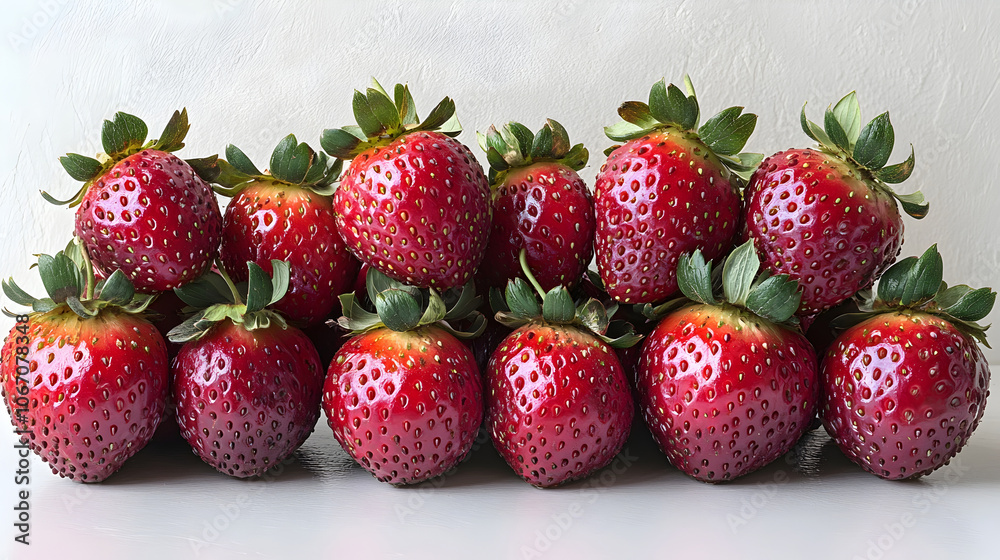 Poster close-up view of a group of ripe,juicy,and fresh organic strawberries arranged in a row on a plain w