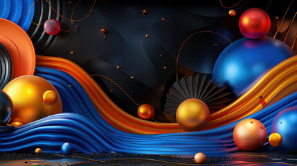 Obraz premium Dynamic abstract composition featuring colorful spheres and flowing waves in modern design. vibrant colors and shapes create energetic and festive atmosphere