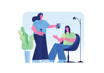 A woman giving a beauty consultation to another woman seated in a chair. Vector illustration