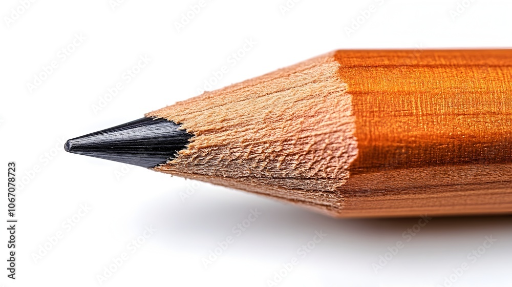 Aufkleber Close-up view of a sharpened wooden pencil with a pointed tip against a neutral,minimalist background. The image focuses on the textured,orange-brown hues of the pencil.
