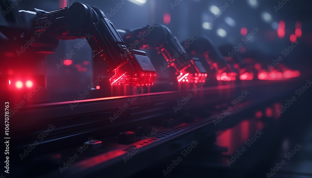 Poster A futuristic assembly line featuring robotic arms illuminated by red lights, emphasizing automation and advanced technology in a sleek, industrial setting.