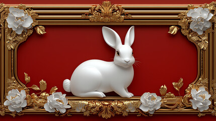 Elegant white rabbit decorated in a golden floral frame for stunning art display