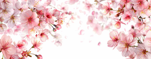 Fototapeta premium Cherry blossom tree branch with pink flowers and yellow leaves 