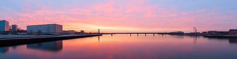 Fototapeta premium A beautiful sunset over a calm body of water. The sky is filled with pink and orange hues, creating a serene and peaceful atmosphere. The water is still, reflecting the colors of the sky