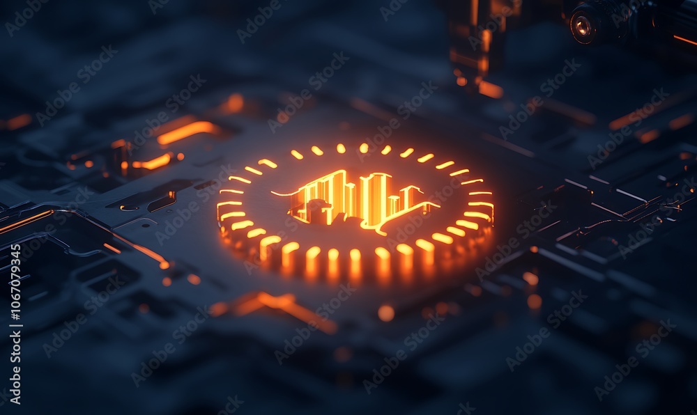 Poster a glowing orange chart icon on a dark, circuit-like background, symbolizing data analysis, technolog