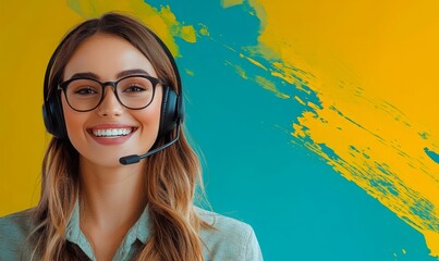 happy customer service representative with headset, smiling and engaging with clients. vibrant background enhances positive atmosphere of support and communication