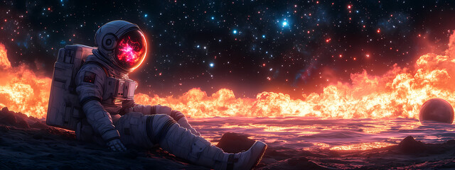 An Astronaut in the cosmos, vector manga style high resolution panorama