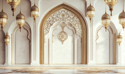 Fototapeta premium Luxurious Islamic arch with lanterns on an elegant white and golden background