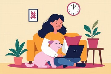 Cozy Home Office Illustration: Woman Working on Laptop with Dog, Plants, and Clock