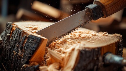 Saw cutting through wood in close-up detail with sawdust flying