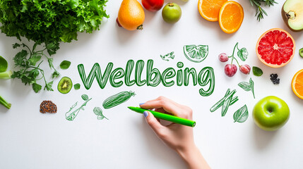 Hand Lettering 'Wellbeing' in Green Surrounded by Fresh Fruits and Vegetables, Symbolizing Health and Healthy Living