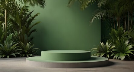 Green podium in modern tropical background for product placement 3d render