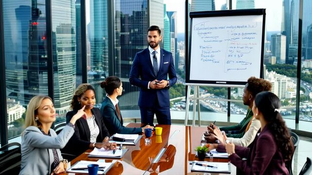 Businessman giving a presentation to an international team in a modern boardroom with large windows showing a cityscape, highlighting collaboration during a business meeting abroad