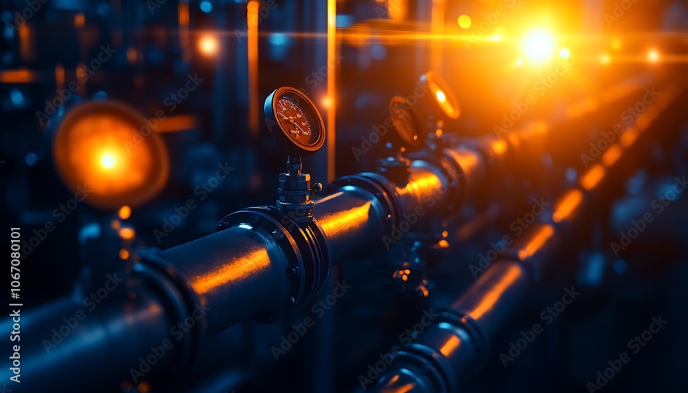 Poster a close-up view of industrial pipes with glowing gauges, illuminated by warm light, showcasing a mod