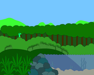 landscape of green dense jungle with dinosaurs