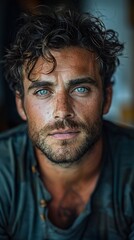 Fototapeta premium Intense Portrait of a Man with Blue Eyes and a Beard